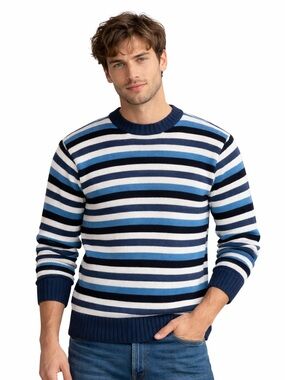 Gamboa men’s alpaca wool crew pullover blue striped sweater size medium Bolivia